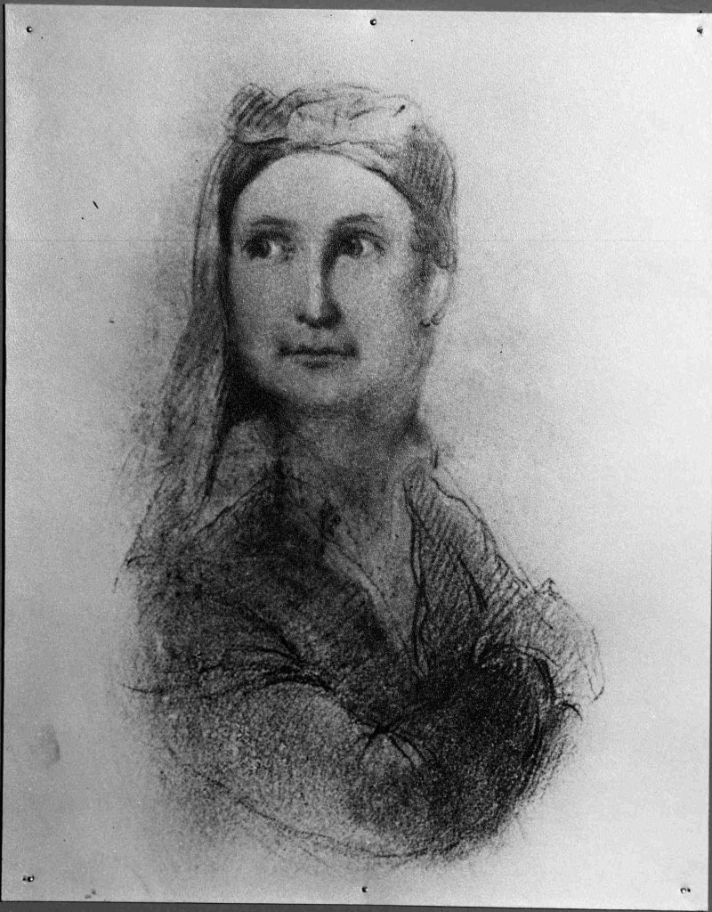A charcoal sketch of a woman with a bandanna.