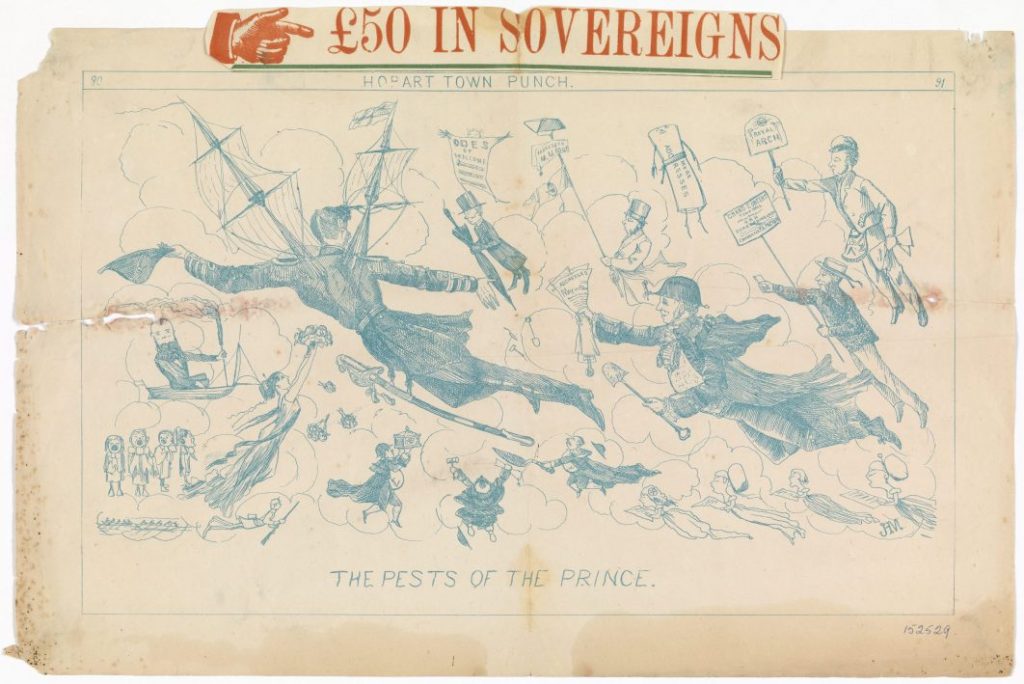 A drawing of  people flying through clouds. some are holding signs.