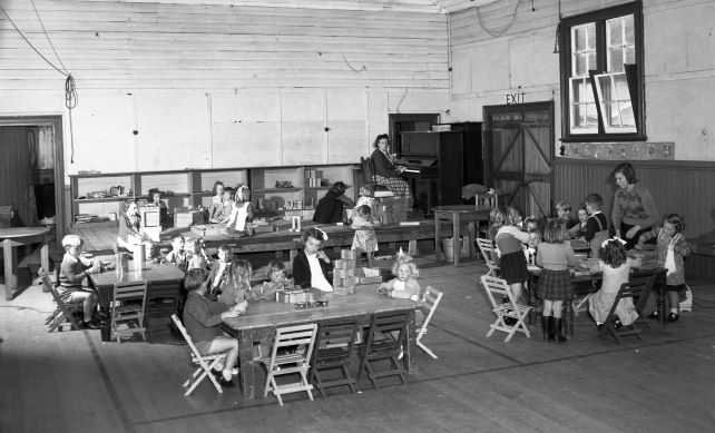 An old black and white photo of a group of children sitting at tables in a room. a teacher sits at a piano