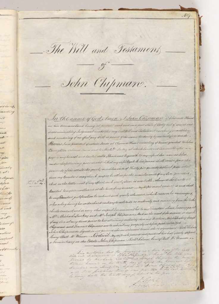 An example of a will and testament. The title reads "The will and testament of John Chipman".
