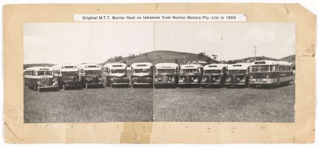 A photo of 10 bus parked on grass facing the camera. Text at the top reads "Original M.T.T. Burnie fleet on takeover from Norton Motors Pty. Ltd. in 1959