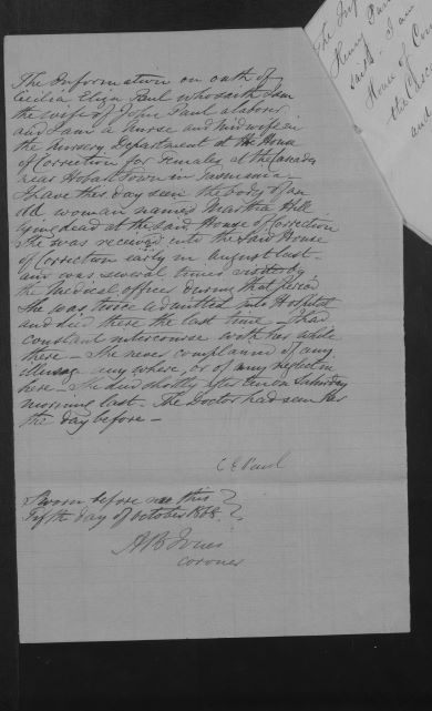 An old piece of paper that has written on it Eliza Paul's Testimony.