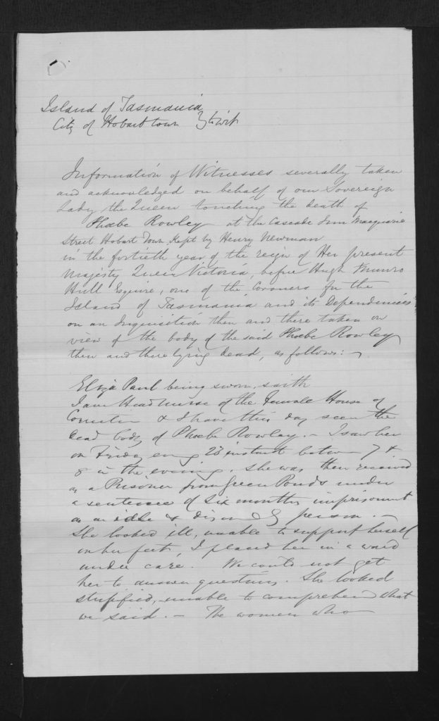 The testimony of Eliza Paul regarding the Inquest into the death of Phoebe Rowley.