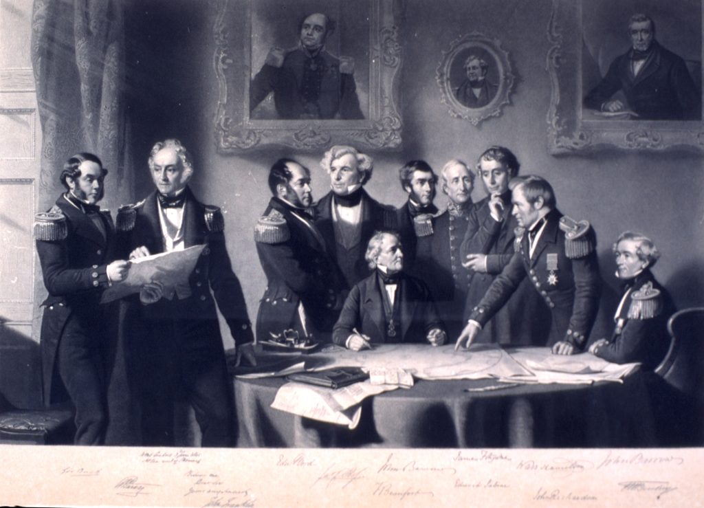 A drawing of 10 men in uniforms around a table with maps planning their search for Sir John Franklin