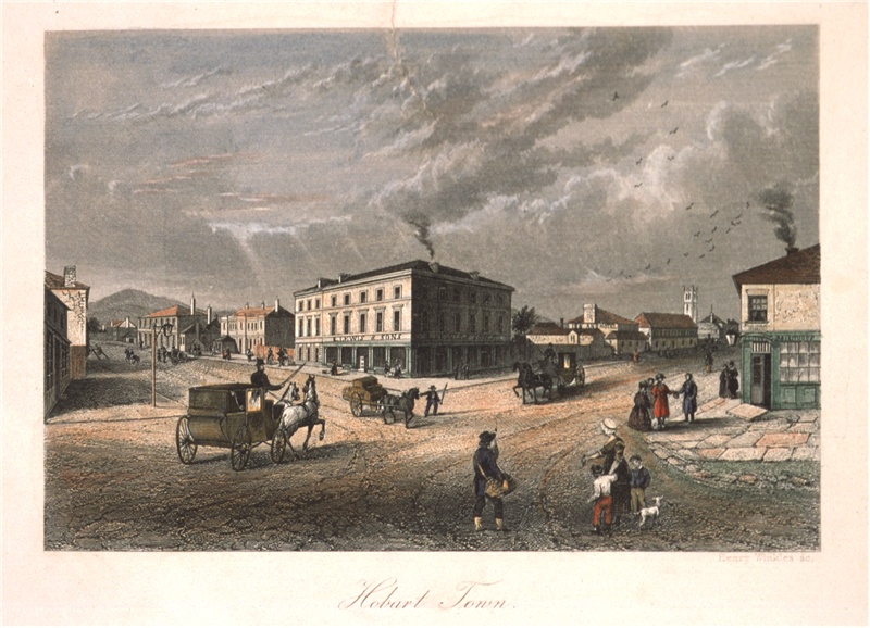 A painting of 3 horse and carriage at a dirt road intersection in a town. Grey clouds in the sky