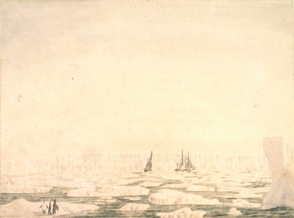 A Painting of the south pole. very little colour. 2 ships in the distance sailing among icebergs. 