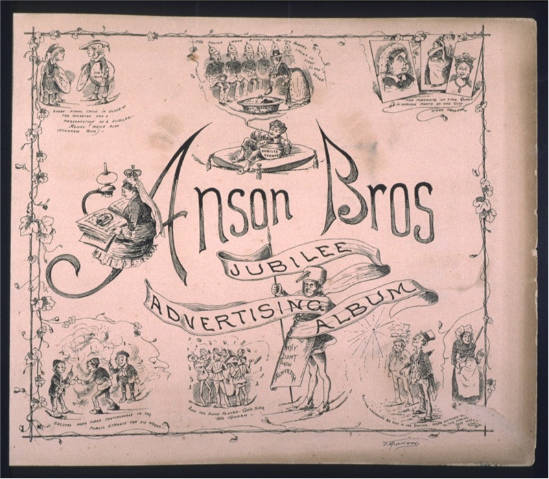 A picture of an advertising album. Text in the middle reads "Ansons Bros. Jubilee advertising album"