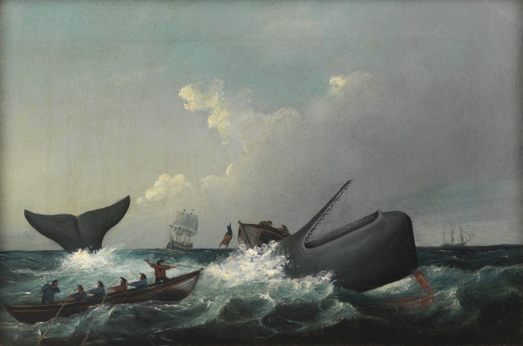 A painting titled "the flurry". A small boat activly whaling a whale on the ocean. 2 larger whaling boats can be seen in the distance
