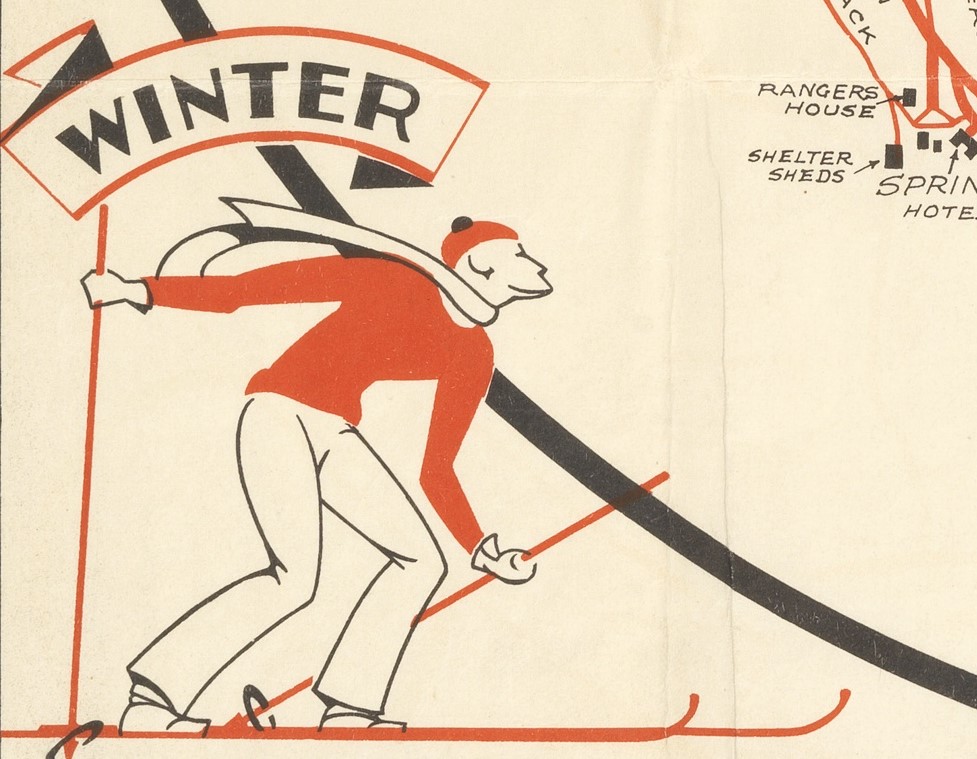 Bottom left part of the Mt wellington park road tracks map. close up of the skier in the bottom left of the map. Text above the skier reads: Winter.