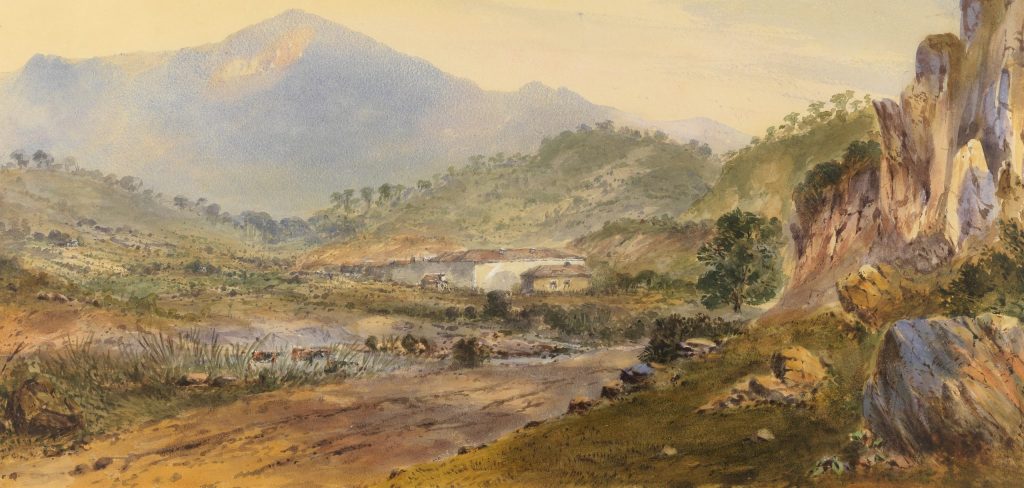 A painting of a road with a house in the distance and mountains in the background.