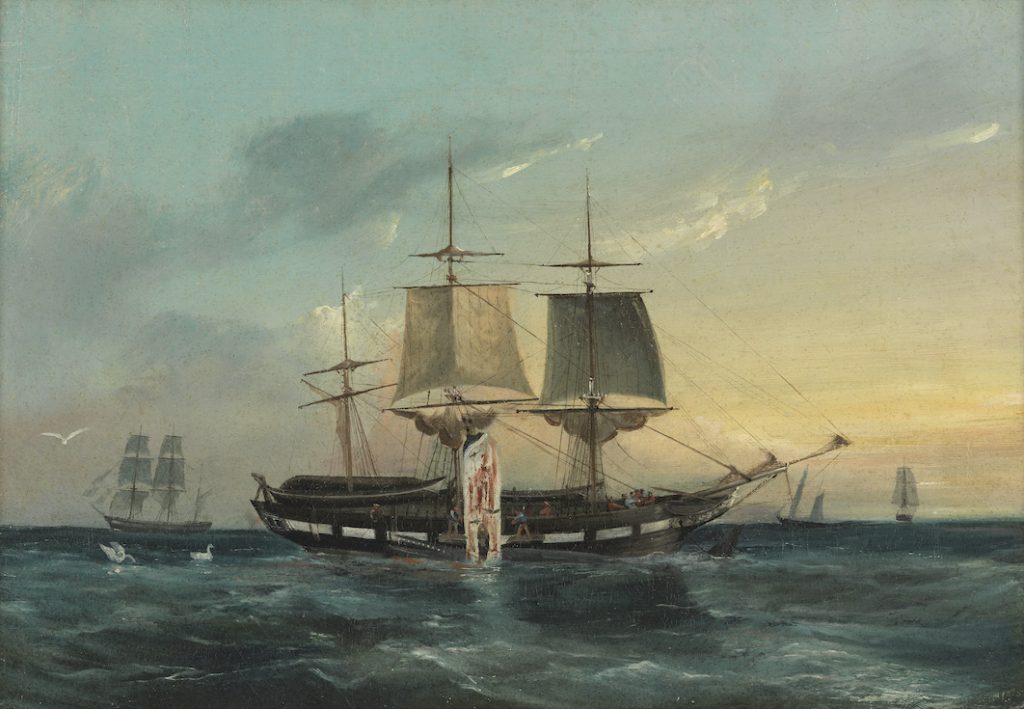 A painting of a whaling ship on the ocean with 3 ships in the distance