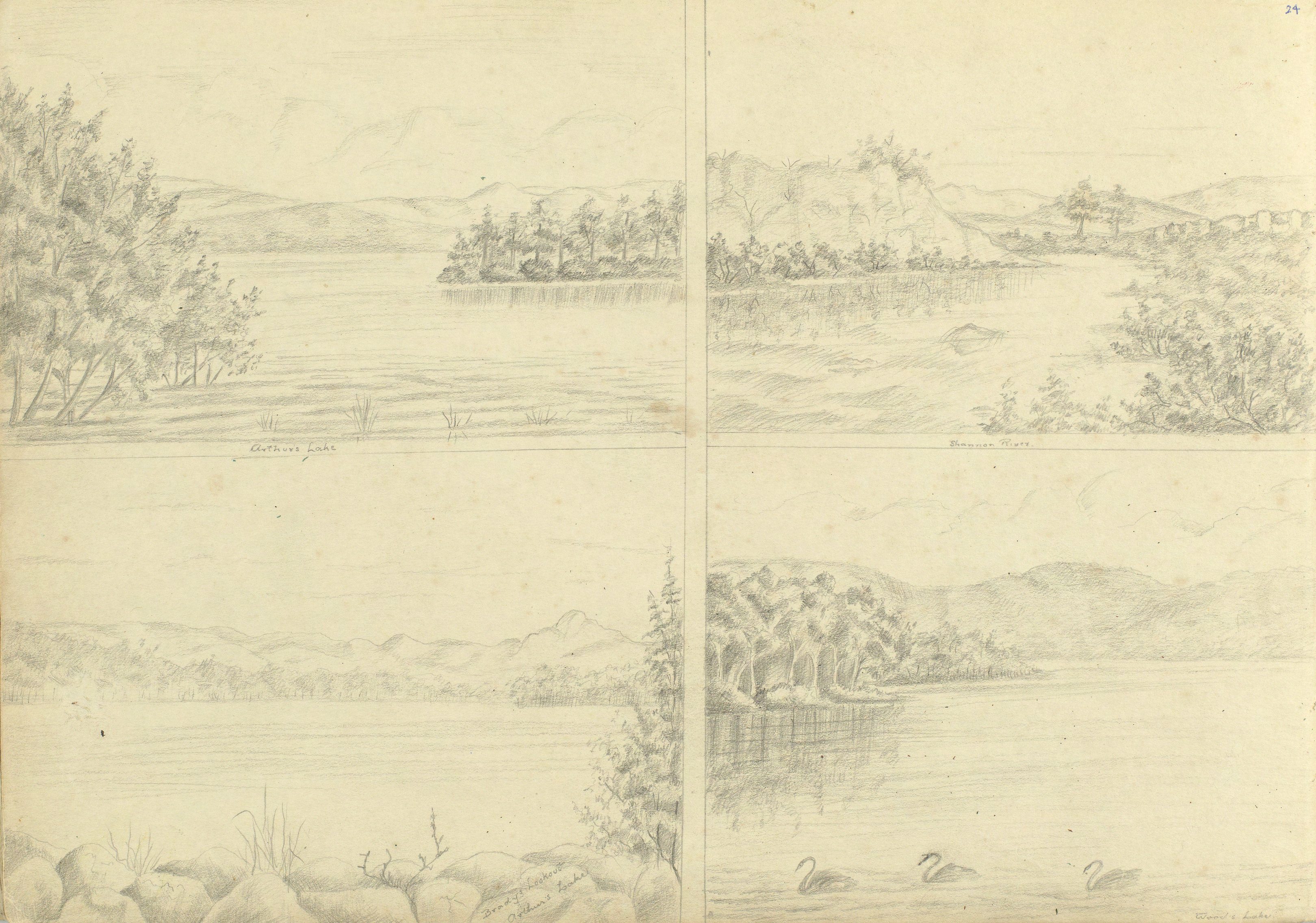 A page from a sketch book. 
Four pencil sketches of different lakes and their foreshores.  The artist has labelled the location of each lake.