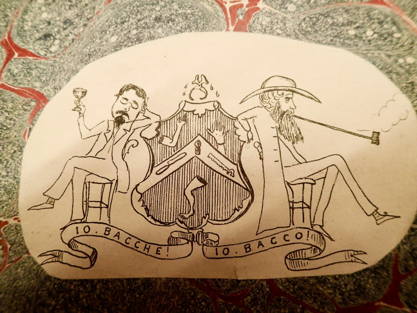 A hand drawn coat of arms cartoon. It depicts dismembered limbs and cutting tools. to the lef, a man drinks out of a goblet, and to the right a man smokes a long pipe. the bottom has text that reads: 10 bacche! 10 bacco!