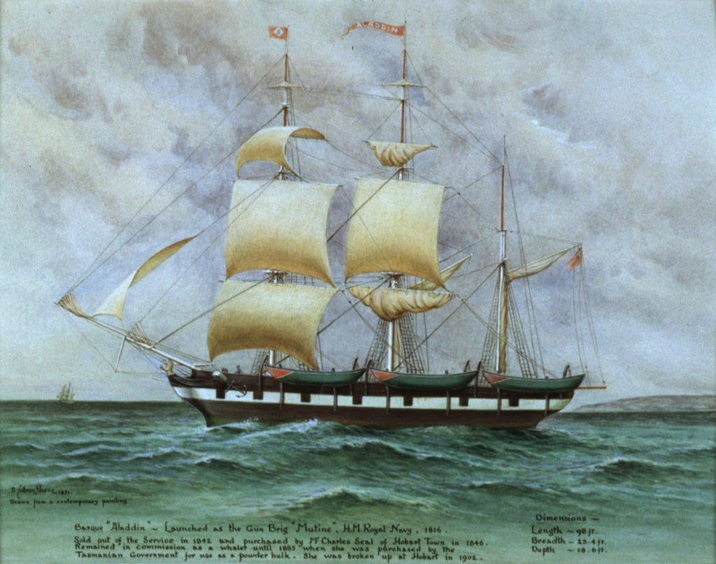 A painting of the whaling barque "Aladdin" sailing on the ocean in cloudy weather. Text at the bottom of the page reads "Barque "Aladdin" - Launched as the gun brig "Mutine", H.M. Royal Navy 1816. Sold out of the service in 1842 and purchased by M. Charles Seal of Hobart Town in 1846. Remained in commission as a whaler untill 1885 when she was purchased by the Tasmanian Government for use as a power Hulk. She was broken up at Hobart in 1902. Dimensions - Length - 90 ft. Breadth - 23.4 ft. Depth - 18.6 ft "