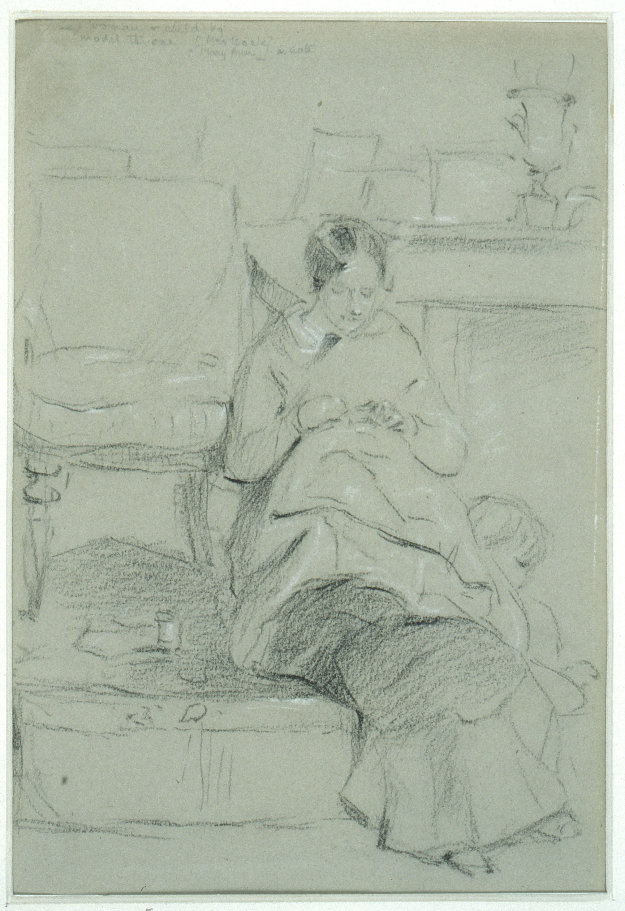 An interior drawing of a woman sewing and a child on her right