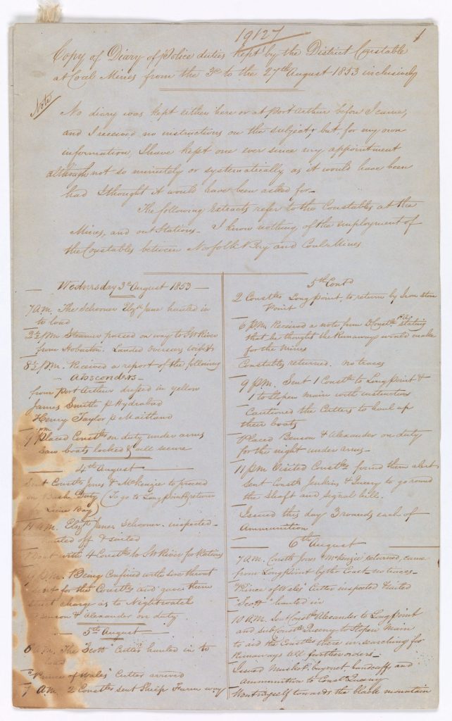 A diary belonging to Charles Brown detailing police duties. Text illegible