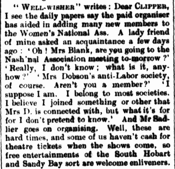 A snippet from a newspaper article. The Clipper, Hobart, 25/3/1905.