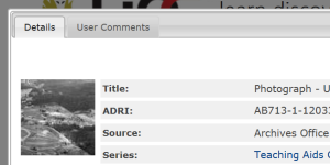 An example of the details screen when clicking an item. Tabs on the screen read: "Details, User comments" Details is selected and show some details about the item selected.