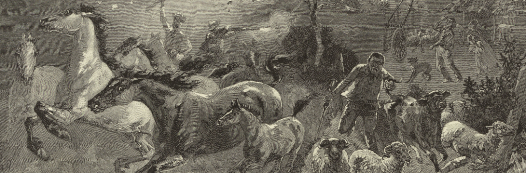 A drawing of animals running from a battle where convicts attack settlers.