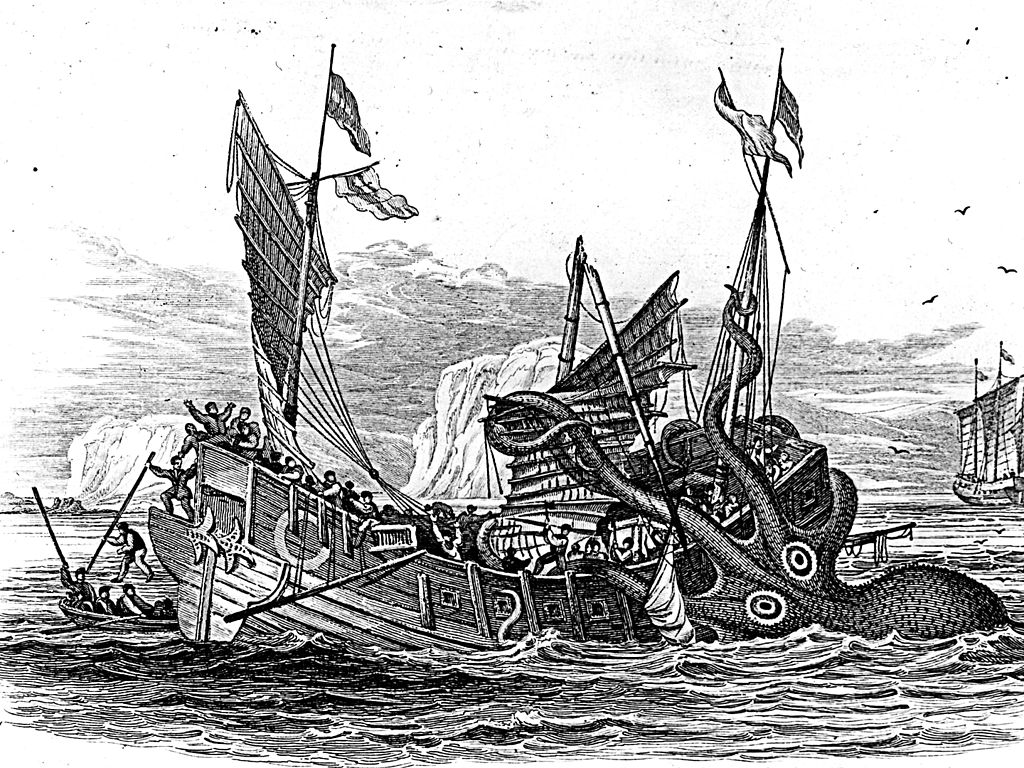 A drawing of a ship on water being attacked by a giant octopus.