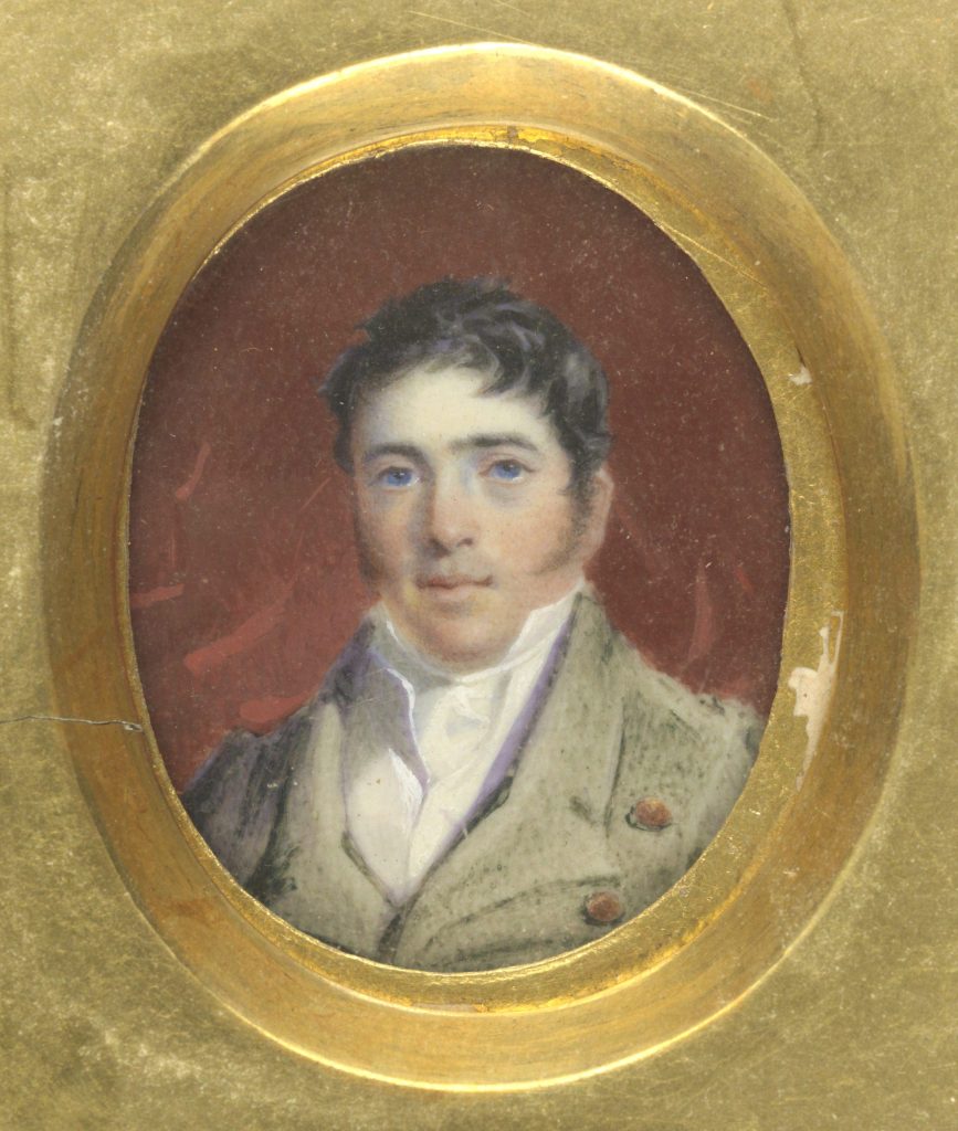A painted portrait of a man in a yellow frame.