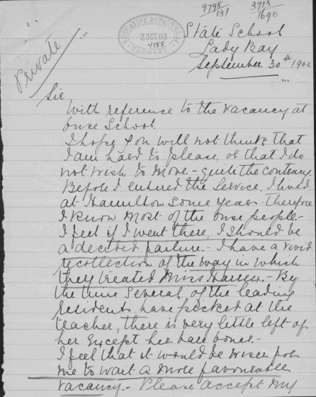 A letter from Flora Wesley to the Minister of Education. Text Illegible