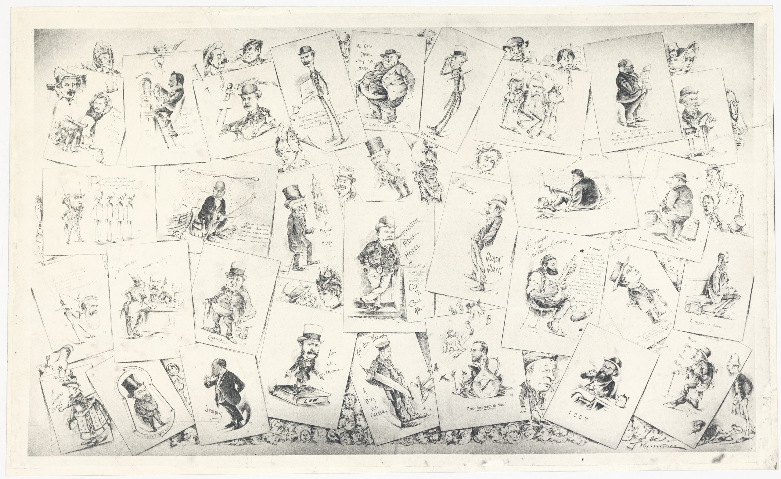 A lithograph containing many of Midwood’s popular caricatures. Characters pictured include public servants, the famously round Tom Jennings – proprietor of the Derwent Inn at the Risdon Ferry, artist Haughton Forrest, and other local characters. Most are identified in Clifford Craig’s More Old Tasmanian Prints, 1984.