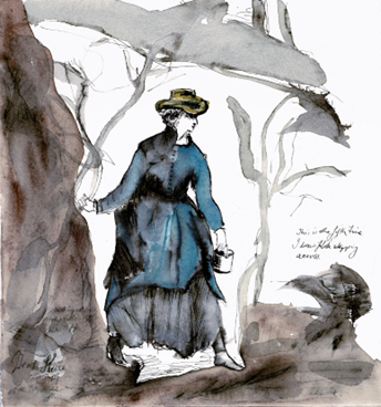 A watercolour painting of a lady stepping through the bush.