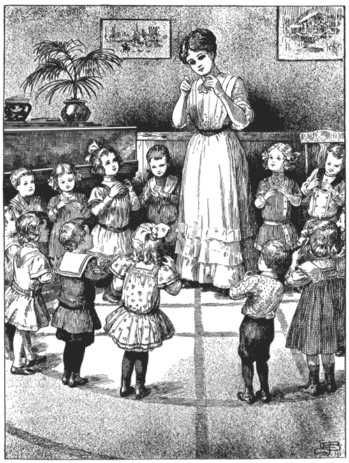 A drawing of school kids standing in a circle with their teacher.