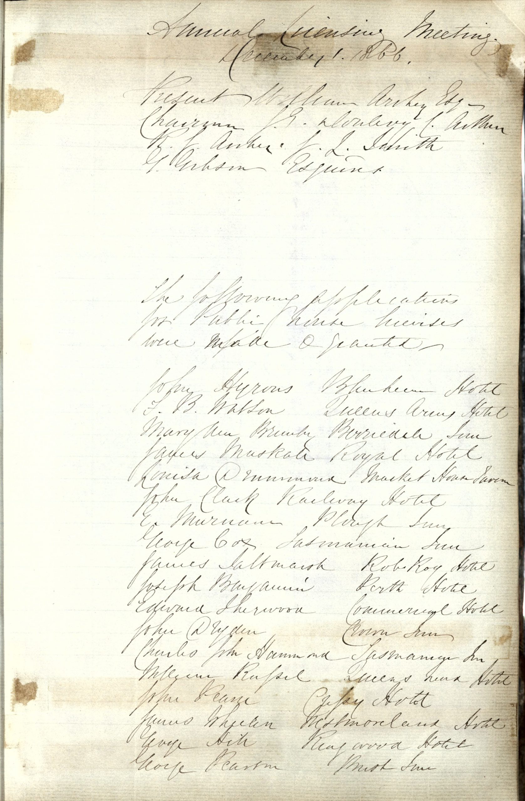 A letter formalising the Licencing of the railway hotel.