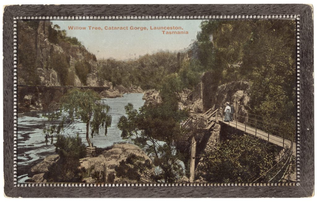 A painting of Willow tree, Cataract gorge, Launceston. Tasmania. two people walk along a catwalk next to a river
