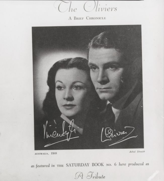 A black and white photo of a woman and a man, with signatures on the left and right of the image. Text on the photo reads: "The olivers. A brief chronicle. as featured in the Saturday book no. 6 here produced as a tribute".