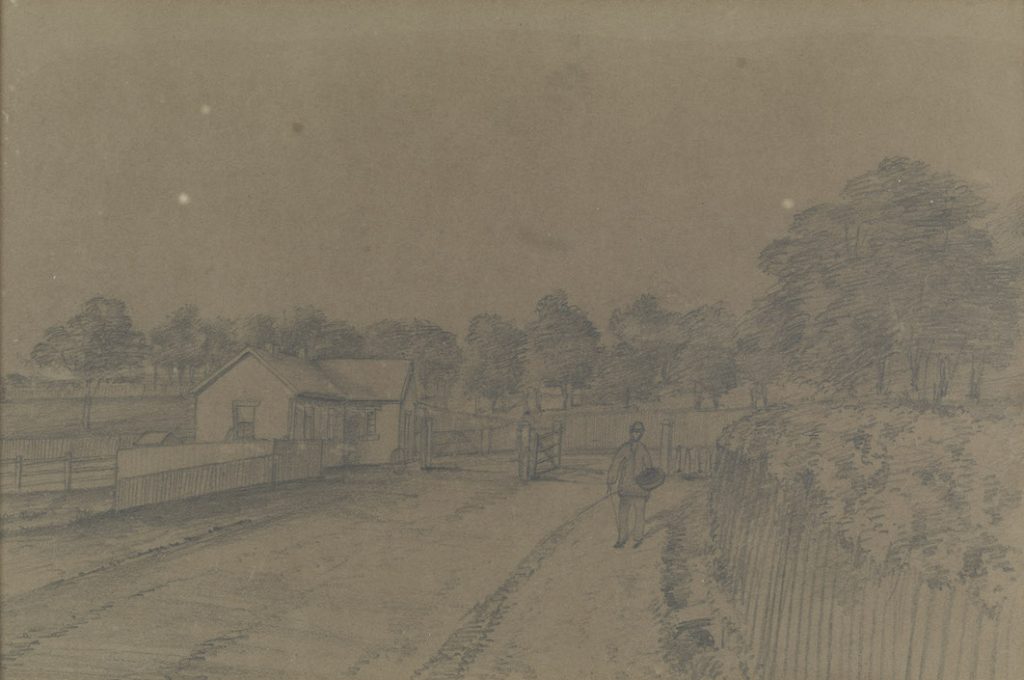 A drawing of man standing alongside a road next to a cottage.