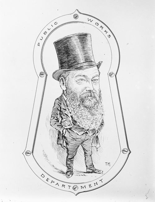 A drawing of a man with a beard and top hat pictured within a keyhole. Text around the keyhole edge reads "Public works Department"