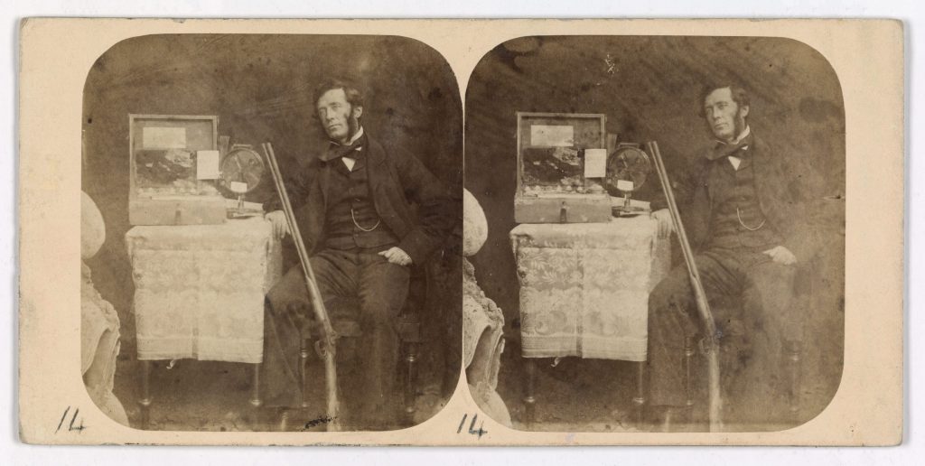 2 old photos of a man sitting next to some relics. both the same