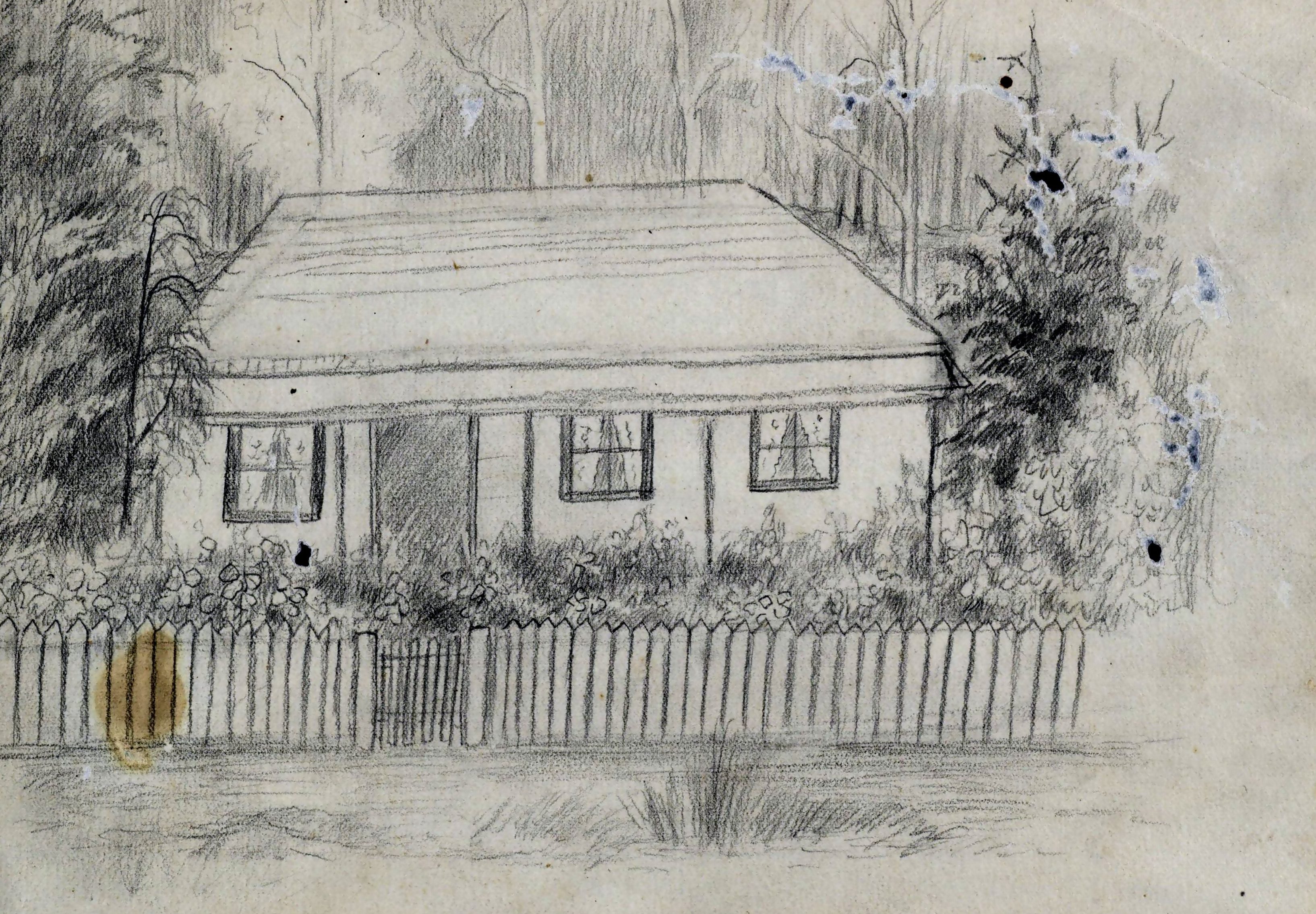 A sketch of a small house set behind a picket fence surrounded by bush.