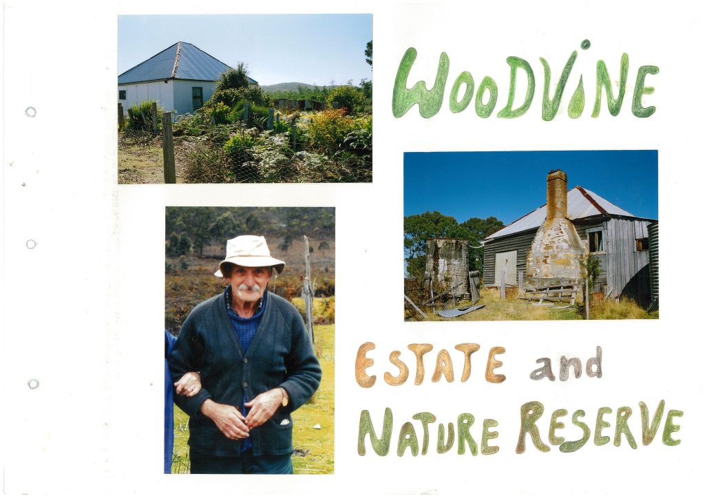 3 images and some text. Text reads Woodvine estate and nature reserve. First image a house next to assorted shrubbery. Second image an old man in a bucket hat posing for a picture. Third image the back of a wooden house with an old rock and concrete chimney 