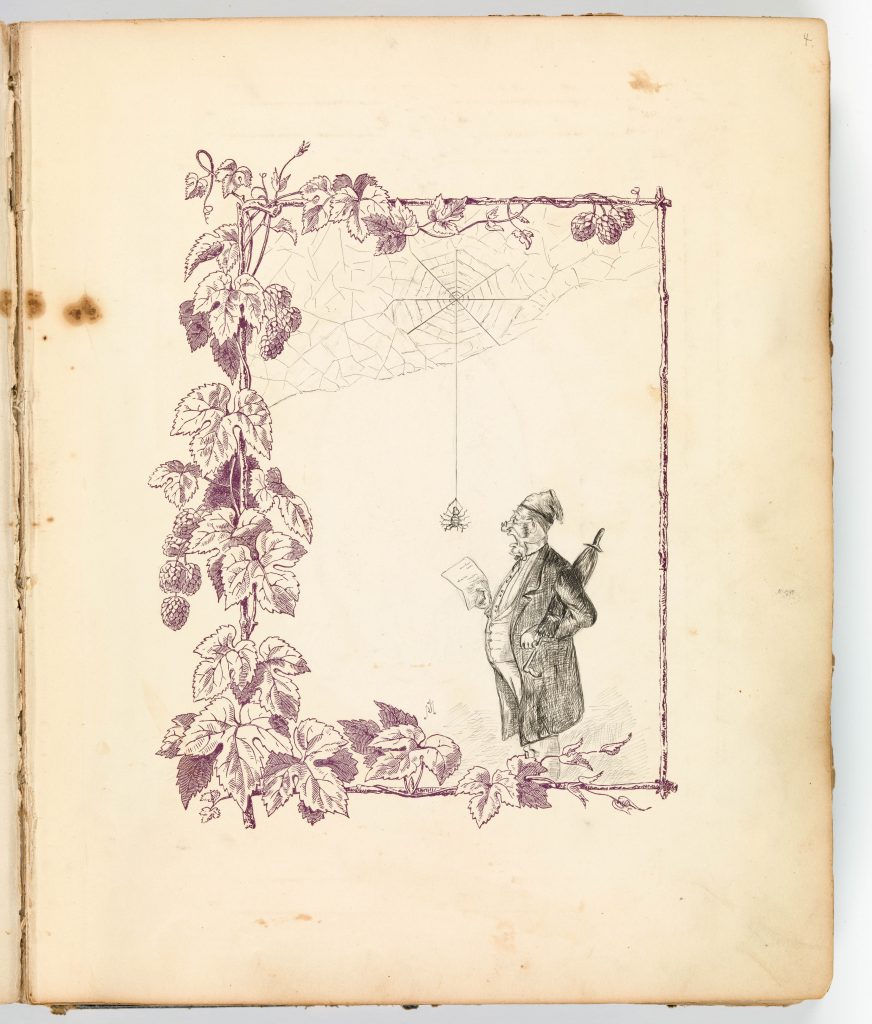 A page from an old album. there is a picture of a man being scared by a spider.