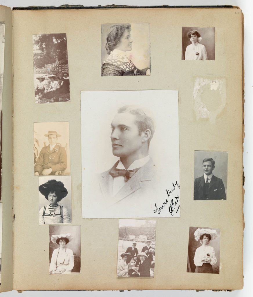 A photo of a page from an old photo album. there are several photos of people posing for their photo's.