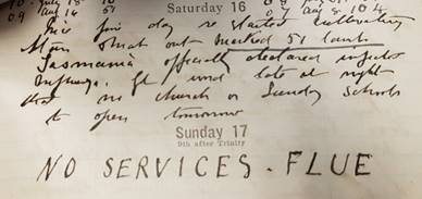 A piece of paper that reads : "Sunday 17. No Services. Flue"
