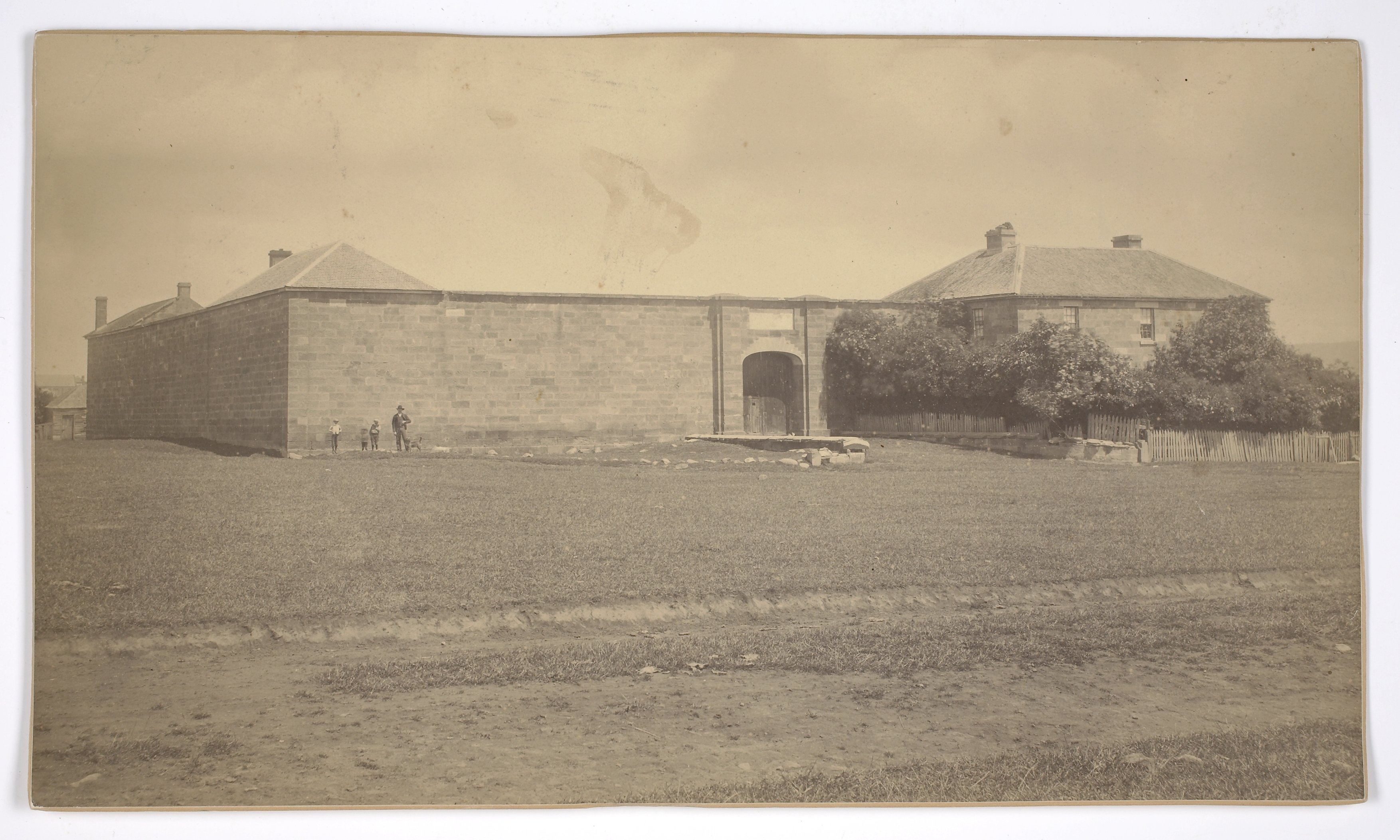 An old photograph of the Oatlands gaol. printed on card. Taken sometime in the 1800's
