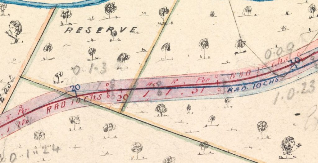 A close up of a map. there is a river and many hand drawn trees. Some trees have faces". Text on the map reads: "Reserve"