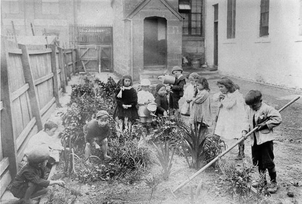A group of children working outside in a garden.