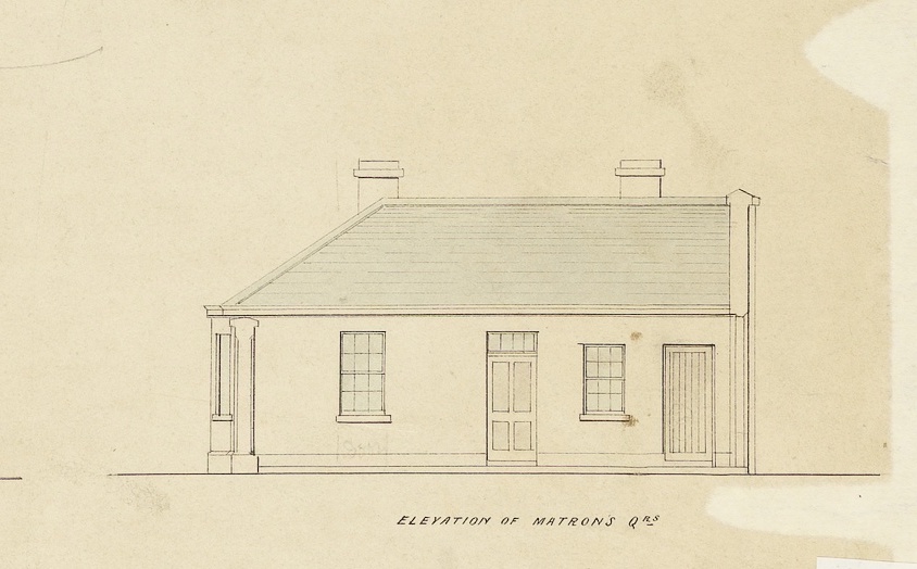 A diagram of a house on paper that shows the elevation of a cottage. Text at the bottom reads: "elevation of matron's Qrs"