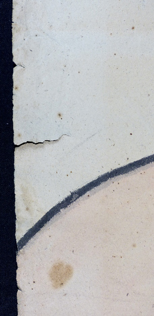 A close up of the damage to the drawing. Spots and a tear along the edge.