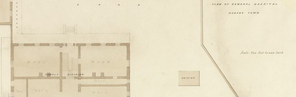 A part of a plan for a hospital. Text at top right reads: "Plan of general hospital Hobart town. Scale ten feet to one inch"