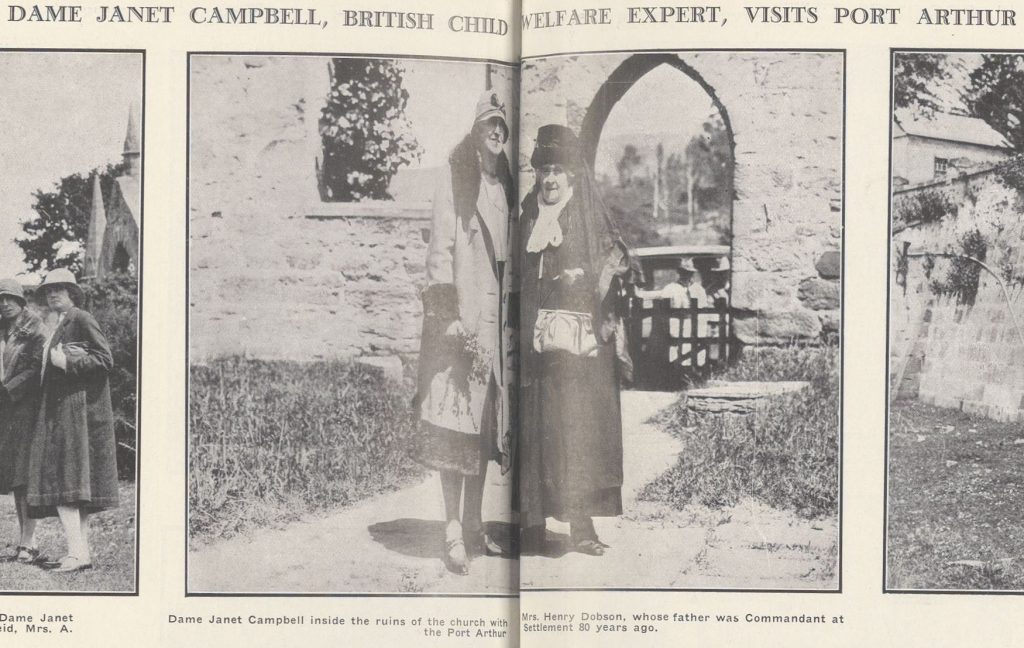 An excerpt from an old newspaper. It dhows an image of two people posing for a photo outside the ruins of an old church. Text at the top reads: "Dame Janer Campell, British child welfare expert, visits Port Arthur." Text at the bottom reads: "Dame Janet Campbell inside the ruins of the church with Mrs. Henry Dobson, whose father was commandant at the Port Arthur Settlement 80 years ago.