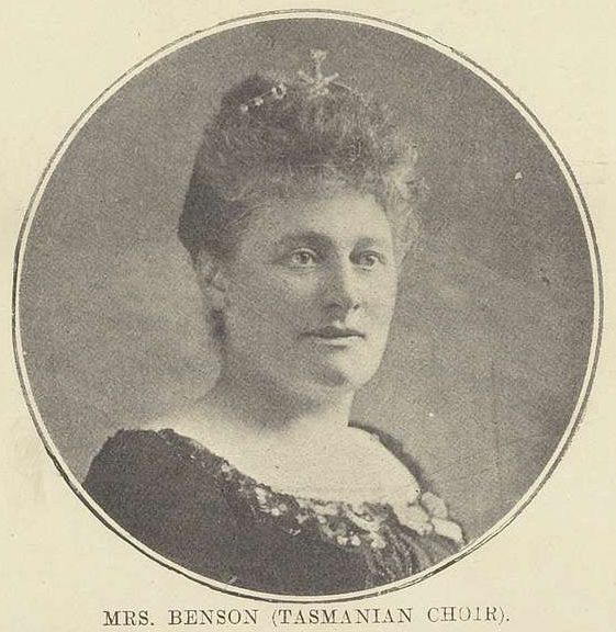A black and white photo of Mrs. Benson. Text at the bottom reads: "Mrs. Benson (Tasmanian Choir).