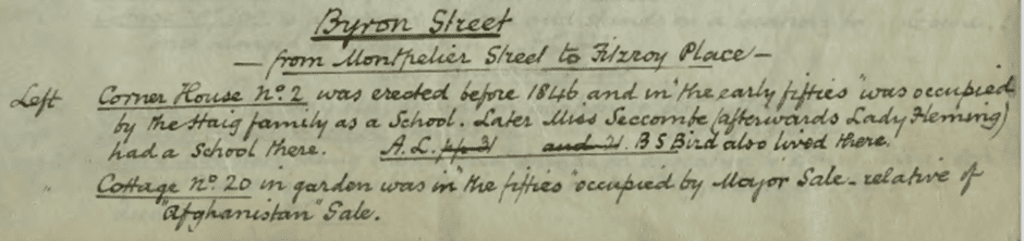 description of Byron Street from Montpelier Street to Fitzroy Place