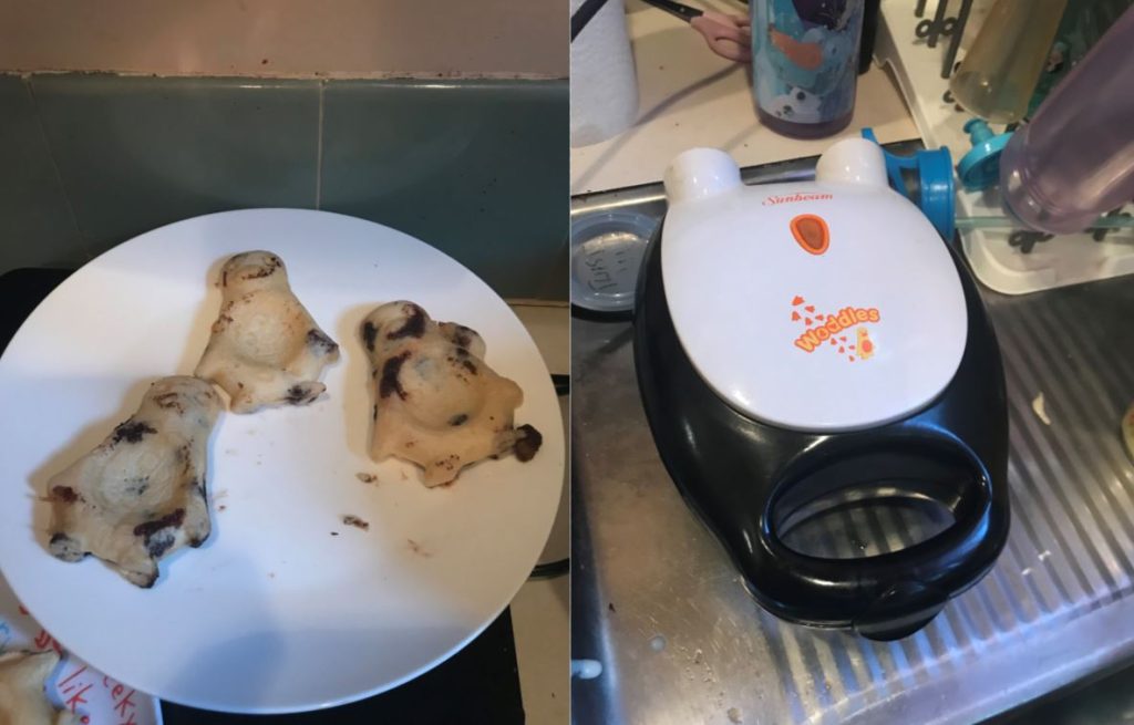 A picture of cookies and a special kitchen appliance used to make them.